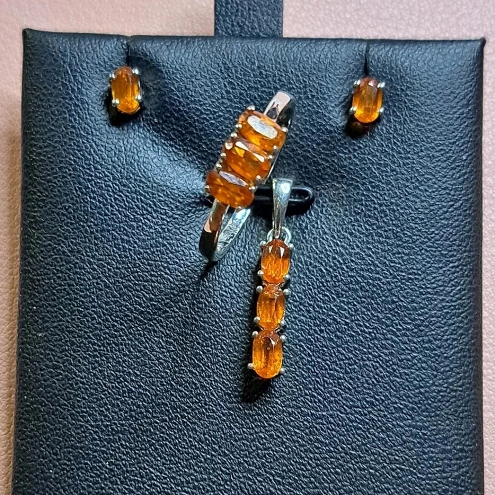 Kyanite 3 Stone Ring, Stud Earrings & 3 Stone Pendant Set